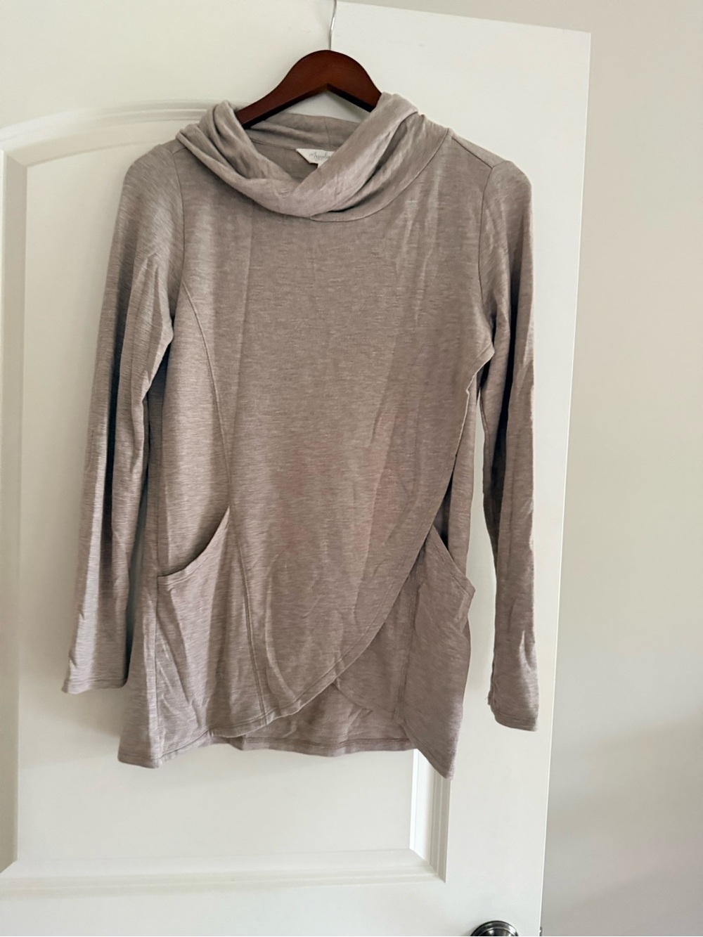 Women's Taupe Cowl Neck Long-Sleeve Sweater Tunic with Pockets